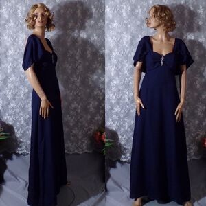 Vintage 80s Dress 1980s Dark Blue Evening Gown Formal Prom Greecian Size Small